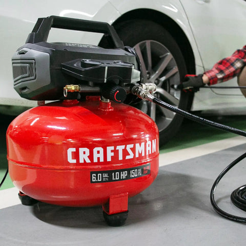 Craftsman 6 Gallon Oil Free Pancake Air Compressor delivering 150 PSI With 10 Piece Accessory Kit. This Reliable Compact Unit Features A One Horsepower Motor For Fast Recovery And Steady Airflow Perfect For Nailing Stapling And Inflation Around The