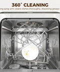Rotating spray arm in Game Changing Portable Countertop Dishwasher Featuring A Built In Water Tank And Five Wash Cycles washing a dirty bowl.