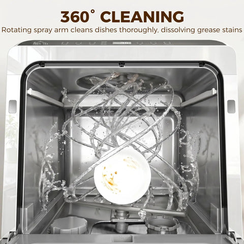 Rotating spray arm in Game Changing Portable Countertop Dishwasher Featuring A Built In Water Tank And Five Wash Cycles washing a dirty bowl.