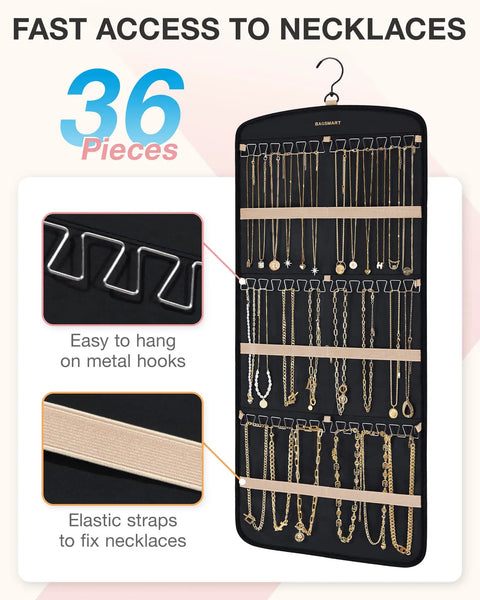 Anti-Tangle Hanging Jewelry Organizer With 32 Clear Pockets And 20 PVC Anti-Tarnish Bags displaying necklaces