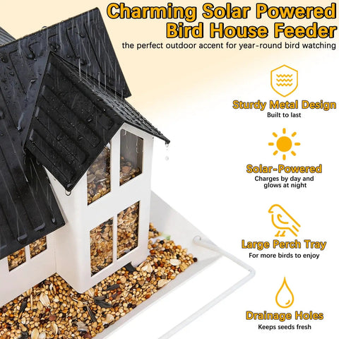 Heavy Duty Metal Outdoor Bird Feeder With Solar Lights shaped like a house, black roof, seed tray, and solar panel.