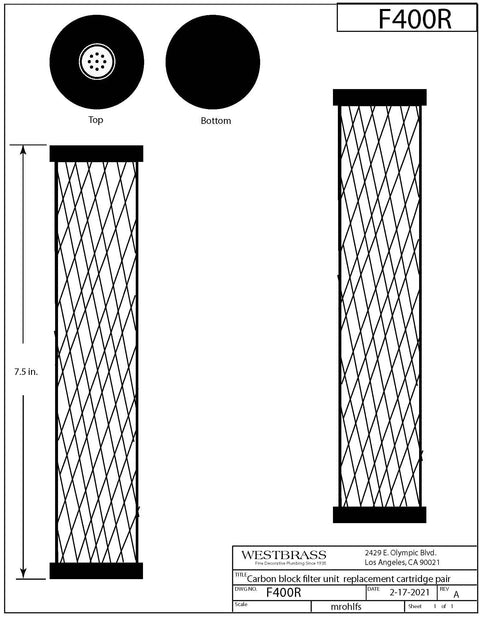 Diagram showing F400R Replacement Filter Cartridges 2-Pack for Under-Sink Inline Water Filter Unit, 7.5 inch carbon block design