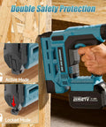 Badass Heavy Duty 18 Gauge Cordless Brad Nailer And Crown Stapler Combo with safety features shown on wood.