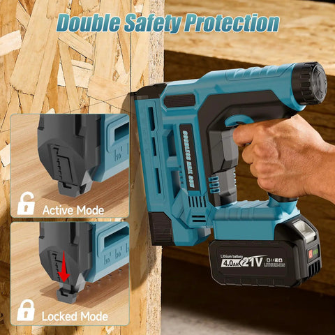 Badass Heavy Duty 18 Gauge Cordless Brad Nailer And Crown Stapler Combo with safety features shown on wood.