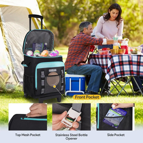 Rolling Cooler With Wheels And Handle, 50L Capacity For 80 Cans, Portable Insulated PEVA Cooler at a picnic scene