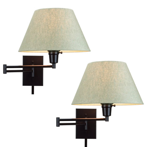 Set Of 2 Modern Swing Arm Wall Sconces With Latte Mocha Empire Fabric Shade 2 In 1 Plug In Or Hardwired Wall Lamp With 3 Way Switch Black Finish