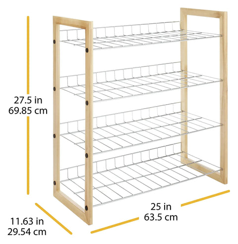 Wood And Chrome 4 Tier Closet Shelf With Stackable Shoe Racks Heavy Duty 100 Pound Capacity, wood frame, chrome shelves