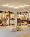 Space Saving Expandable Wall Mounted Closet System With Telescoping Shelves And Adjustable Rods, Industrial Pipe Wardrobe Rack, installed in a room.