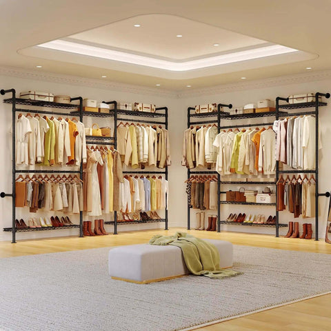 Space Saving Expandable Wall Mounted Closet System With Telescoping Shelves And Adjustable Rods, Industrial Pipe Wardrobe Rack, installed in a room.