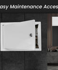 Dead Simple Six By Six Inch Drywall Access Panel Crafted From Bully Proof White Powder Coated Steel With Lockable Hardware open, showing inner contents.