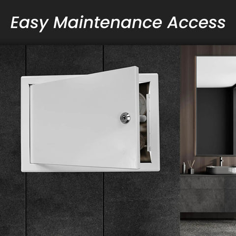 Dead Simple Six By Six Inch Drywall Access Panel Crafted From Bully Proof White Powder Coated Steel With Lockable Hardware open, showing inner contents.