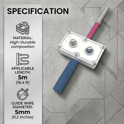 Heavy Duty Drill Powered Wire Puller Attachment Automatic Electrician Fish Tape Tool showing specifications on a concrete background.