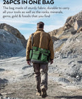 Person in rocky landscape with bag from Upgrade Geology Rock Hammer Kit Bundle With 33.8 Oz Pick, 4 Metal Chisels, Shovel