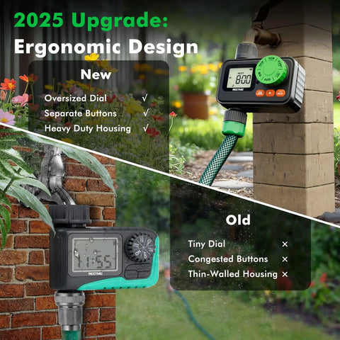 Programmable Sprinkler Timer For Garden Hose With Rain Delay And Manual On Off, new ergonomic design, displayed outdoors.