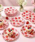 100 Pack Strawberry Grid Paper Plates 9 Inch Disposable Summer Fruit Dessert Tableware For Birthday Baby Shower Wedding Top Tier Party Setup Slay Your Spread Fresh Berry Vibes with desserts and strawberries on pink background.