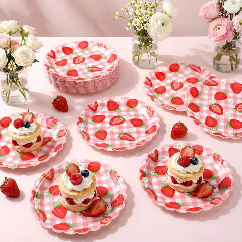 100 Pack Strawberry Grid Paper Plates 9 Inch Disposable Summer Fruit Dessert Tableware For Birthday Baby Shower Wedding Top Tier Party Setup Slay Your Spread Fresh Berry Vibes with desserts and strawberries on pink background.