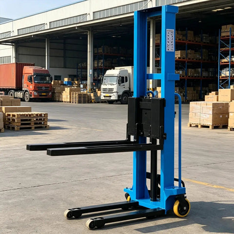Heavy Duty Portable Electric Pallet Stacker Jack With 51 Inch Lift Height, solid steel design for moving loads in warehouses.