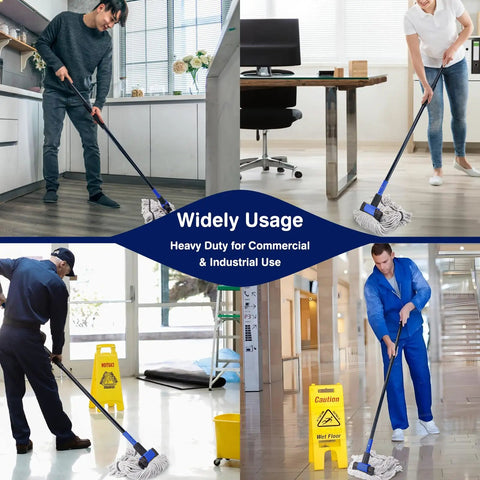 Badass Heavy Duty Commercial Mop Handle 57.5 Inch Extended Pole With Upgraded Jaw Clamp For Microfiber Cotton String And Loop Mops Pro Floor Cleaning Gear in use across various commercial settings.
