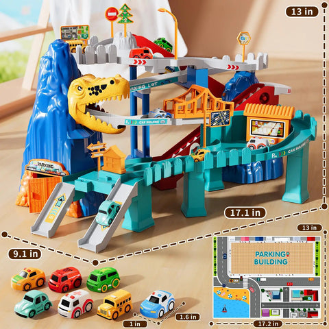 Dinosaur Race Car Tracks For Toddlers And Kids Aged 3 To 8 With Dinosaur Climbing Hills And Ramps Includes 7 Small Cars Map And Stickers