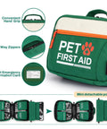 Front view of Rhino Rescue Pet First Aid Kit in green fabric with orange zipper and mini detachable pouch.