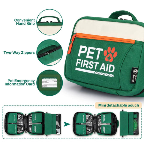 Front view of Rhino Rescue Pet First Aid Kit in green fabric with orange zipper and mini detachable pouch.