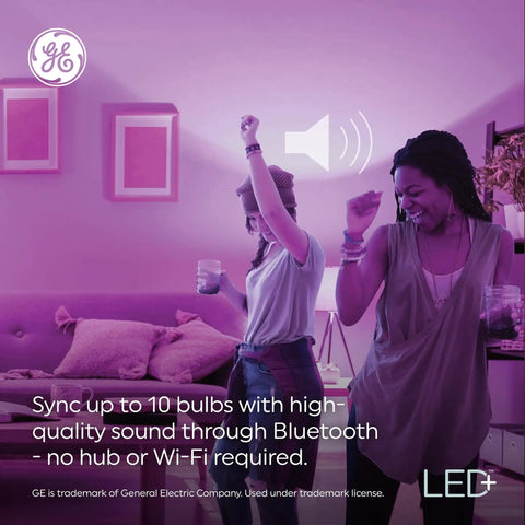 Two women dancing in living room with Dope Bluetooth Speaker Light Bulb With Color Changing LEDs, purple lighting atmosphere, remote controlled