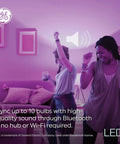 Two people dancing in a living room with LED Plus Bluetooth Speaker Floodlight Bulb BR30 3 Pack Soft White Light No App or Wi Fi Needed Remote Included Built In Music For Vibe Setting For Any Mood.