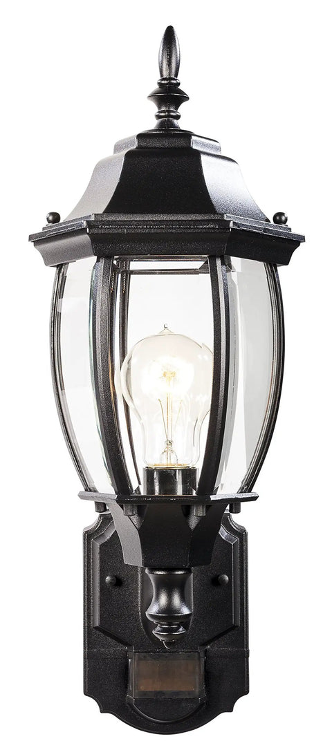 Six Sided Die Cast Aluminum Lantern With Beveled Glass Black Motion Activated Outdoor Light With Two Level Lighting