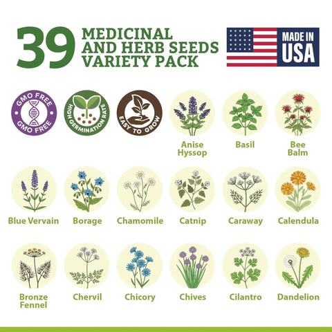 39 Heirloom Medicinal Herb Seeds For At Home Apothecary Kit Non GMO Variety For Herbal Medicine And Tea Garden DIY Remedies
