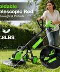 Woman using Cordless Weed Wacker With Wheels 12 Inch Cutting Path Stringless And Battery Powered 800W Brushless Motor