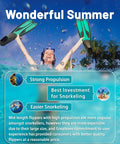 Pro-Grade Full-Foot Snorkel Fins With Soft Flexible Foot Pocket For All Day Comfort, Long Durable Diving Fins For Snorkeling And Freediving displayed in beach scene with palm trees.