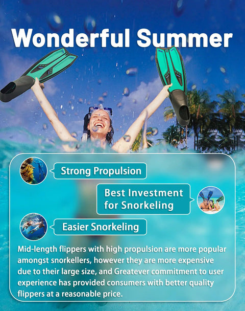 Pro-Grade Full-Foot Snorkel Fins With Soft Flexible Foot Pocket For All Day Comfort, Long Durable Diving Fins For Snorkeling And Freediving displayed in beach scene with palm trees.