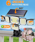 Solar Flood Lights Outdoor 6000LM 336 LEDs with adjustable rotating head, showing dual motion sensors and installation options.