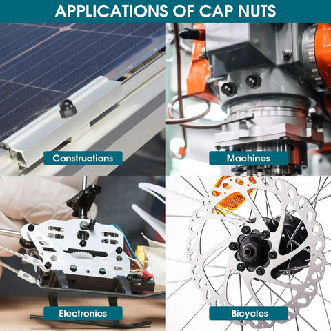 Applications of Big Ol 160Pcs Nylon Acorn Nut Set Kit Black Dome Nuts for constructions, machines, electronics, bicycles.