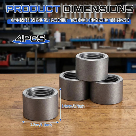 4 Pack One Half Inch Pipe Couplings Straight Female Threaded Steel NPSL Tapped Fittings With Black Coating For Industrial Piping Projects And Maintenance Pro Grade Replacement Parts And Fabrication, 1/2-inch steel couplings