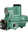 Angled side view: LP-Gas regulator, Emerson-Fisher, green metal body with side outlet and 3/4 in NPT ports