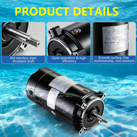Heavy Duty One Horsepower Swimming Pool Pump Motor Drop In Replacement For Hayward And Jacuzzi Pumps showing stainless steel shaft and labels.