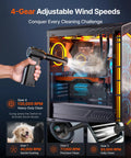 Cordless Air Duster With 130000 RPM Ultra Power 8000mAh Battery cleaning computer interior with adjustable blower gears.