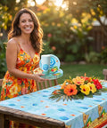 Woman setting table with Tropical Island Party Supplies Set For 10 Guests With Polynesian Style Disposable Tableware for kids birthday luau.