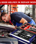 Mechanic using 47 Piece Interlocking Tool Tray Organizer Set with Non Slip EVA Pads on rolling tool cart in garage.