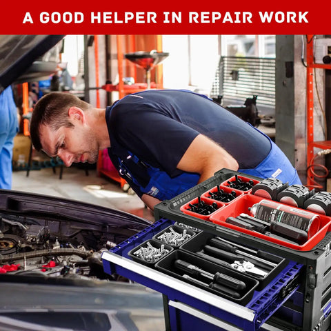 Mechanic using 47 Piece Interlocking Tool Tray Organizer Set with Non Slip EVA Pads on rolling tool cart in garage.