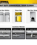 Image showing Heavy Duty Commercial Door Closer With Aluminum Finish Built For High Traffic Spaces Adjustable From Size 1 To 5 180 Degree Opening Controls Traffic Prevents Slamming Ideal For Exterior And Interior Doors with various installation methods and specifications.