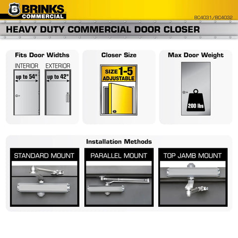 Image showing Heavy Duty Commercial Door Closer With Aluminum Finish Built For High Traffic Spaces Adjustable From Size 1 To 5 180 Degree Opening Controls Traffic Prevents Slamming Ideal For Exterior And Interior Doors with various installation methods and specifications.