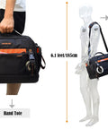 Person carrying 42-Pocket Waterproof Tool Tote For HVAC And Electricians, Tough-As-Nails Steel-Framed Organizer with shoulder strap.
