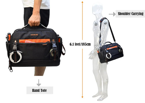 Person carrying 42-Pocket Waterproof Tool Tote For HVAC And Electricians, Tough-As-Nails Steel-Framed Organizer with shoulder strap.