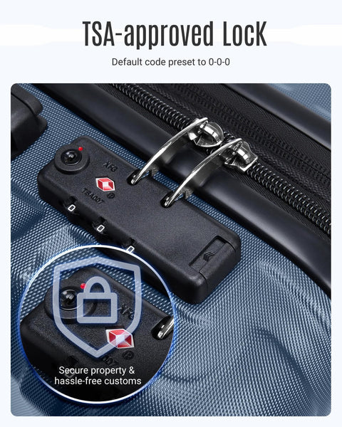 Light Flight blue hard-shell luggage close-up of TSA lock on zipper