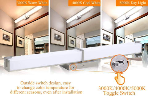 3 Color LED Bathroom Vanity Light Bar 36 Inch Dimmable 3000K 4000K 5000K Selectable 120V 30W 1800 Lumens Brushed Nickel Bath Fixture