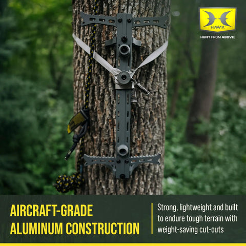 4 Pack Lightweight Non Slip Aluminum Climbing Sticks For Tree Stand Hunting Gear And Platform Helium 20 Inch Portable Safety Accessories For Deer Hunters Climbers And Shooters attached to tree.