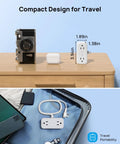 Compact 360 Rotating Flat Plug Power Strip With 5 Foot Cord, Four Widely Spaced Outlets, Heavy Duty Surge Guard, Wall Mountable Slim Body That Crushes Wire Clutter, Perfect For Tight Squeezes And Dorm Digs, Matte White on a desk and in a suitcase.