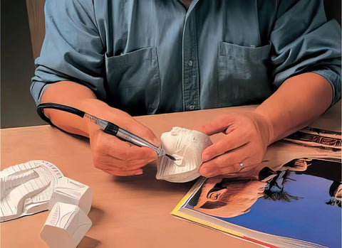 Person using Big League Air Scribe Engraving Pen With Rolling Throttle And 13500 Blows Per Minute for detailed etching on a sculpture.